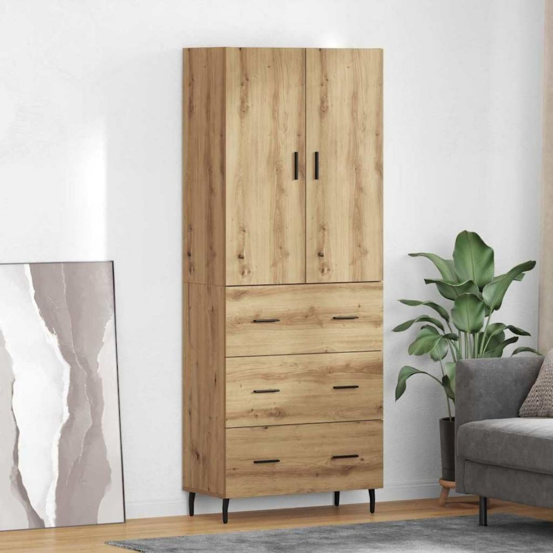 Hochschrank aus Glas und Holzwerkstoff in Eichenbraun