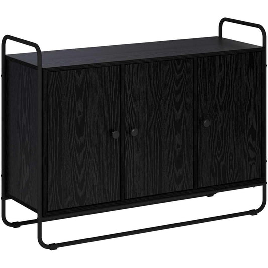 Das Sideboard vereint ein Metallgestell mit geschlossenem Stauraum