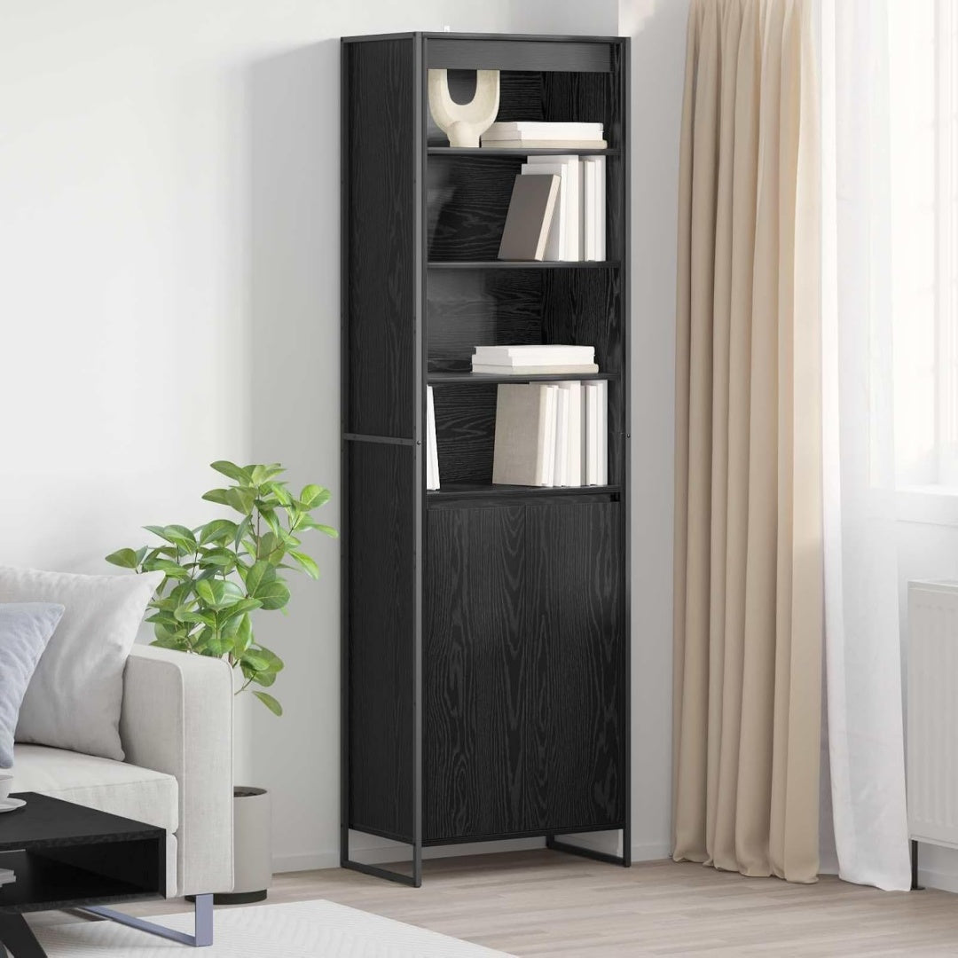 Sideboard in Schwarz und Eichenbraun mit einem Metallgestell