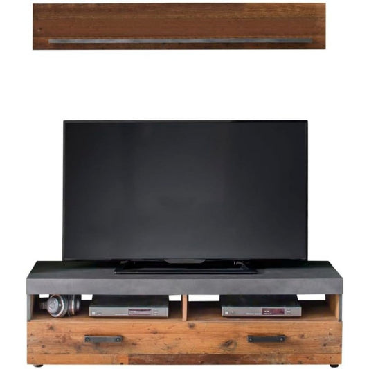 Graphitfarbene Fernsehablage mit rustikaler Front und Wandboard